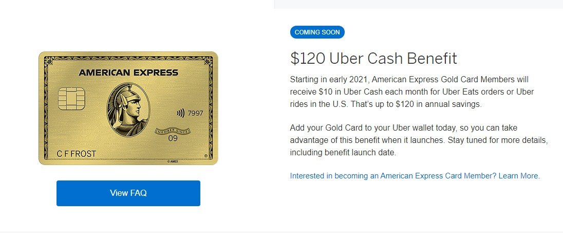 The American Express Gold Card now has an Uber Cash Benefit, worth up to $120 per year!