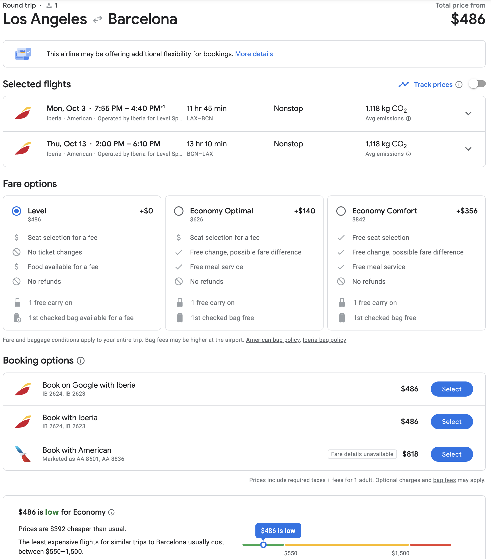 Examples 2: Los Angeles to Barcelona on Iberia. Note: this is “basic economy” so we would suggest paying for main cabin which includes additional benefits