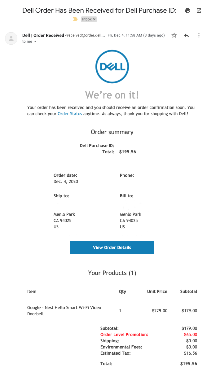 Here's the order invoice from Dell.com. We'll receive a $100 Statement Credit on our Platinum Card, instantly dropping our total cost to $95.56 on our credit card statement.