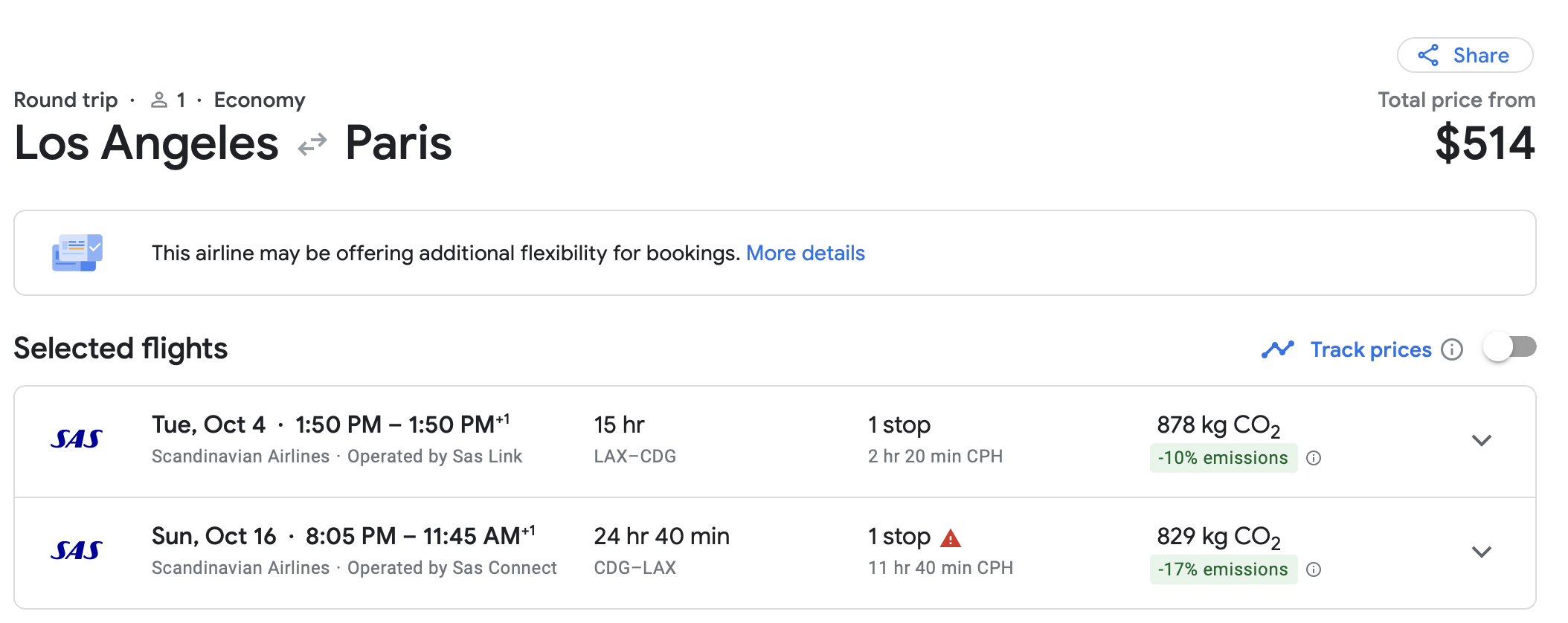 Examples 2: LAX to CDG on SAS Airlines