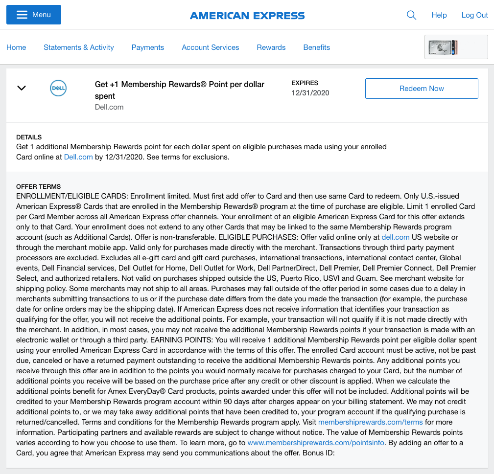 The second Amex Offer allowed us to earn an additional +1 Membership Reward point on each dollar we spent at Dell.com, bringing in another 179 Membership Reward points.