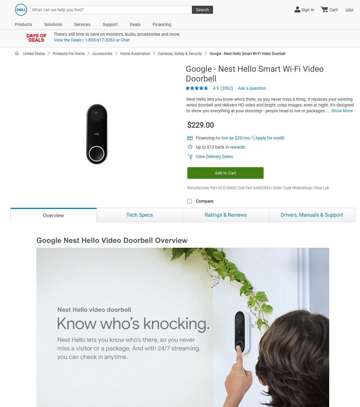 The Google Nest Hello Video Doorbell at Dell.com normally retails for $229 plus tax.